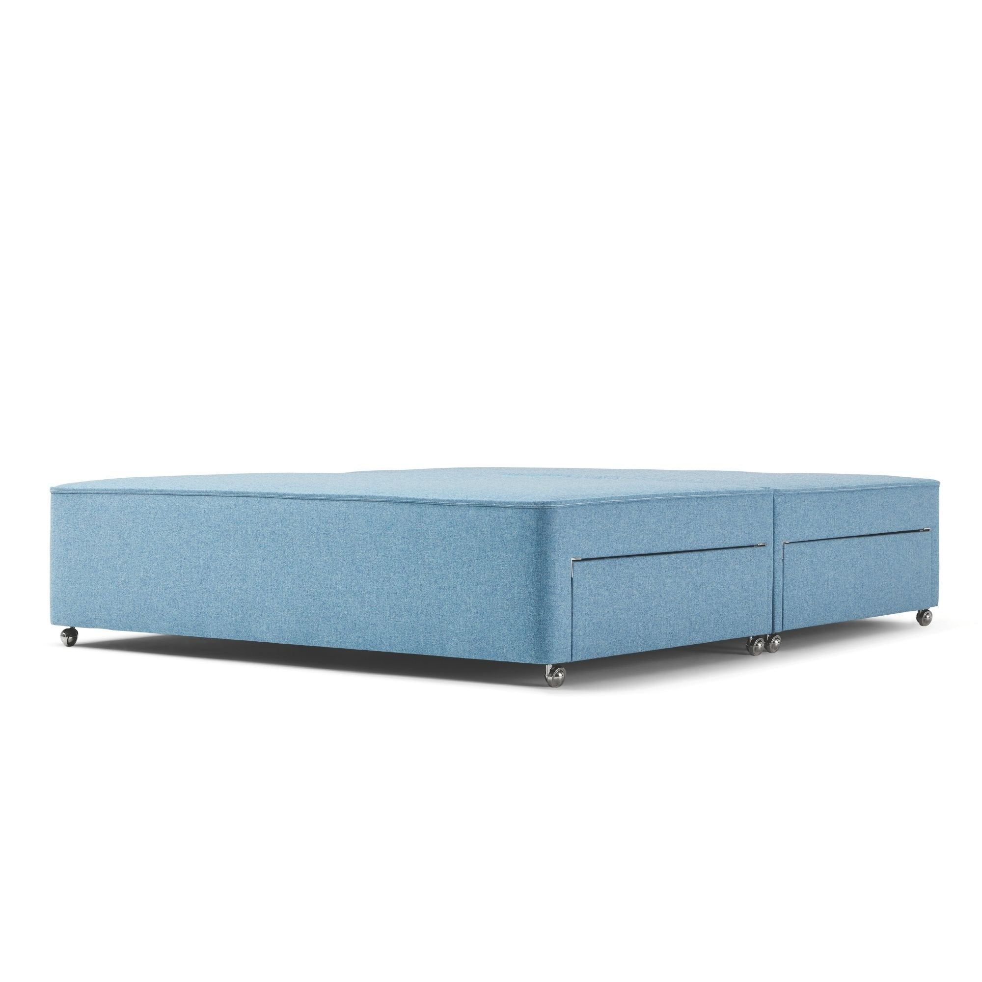 The Woolroom Chartwell Upholstered Divan with silver castors in Juniper light blue upholstery, with storage drawers.