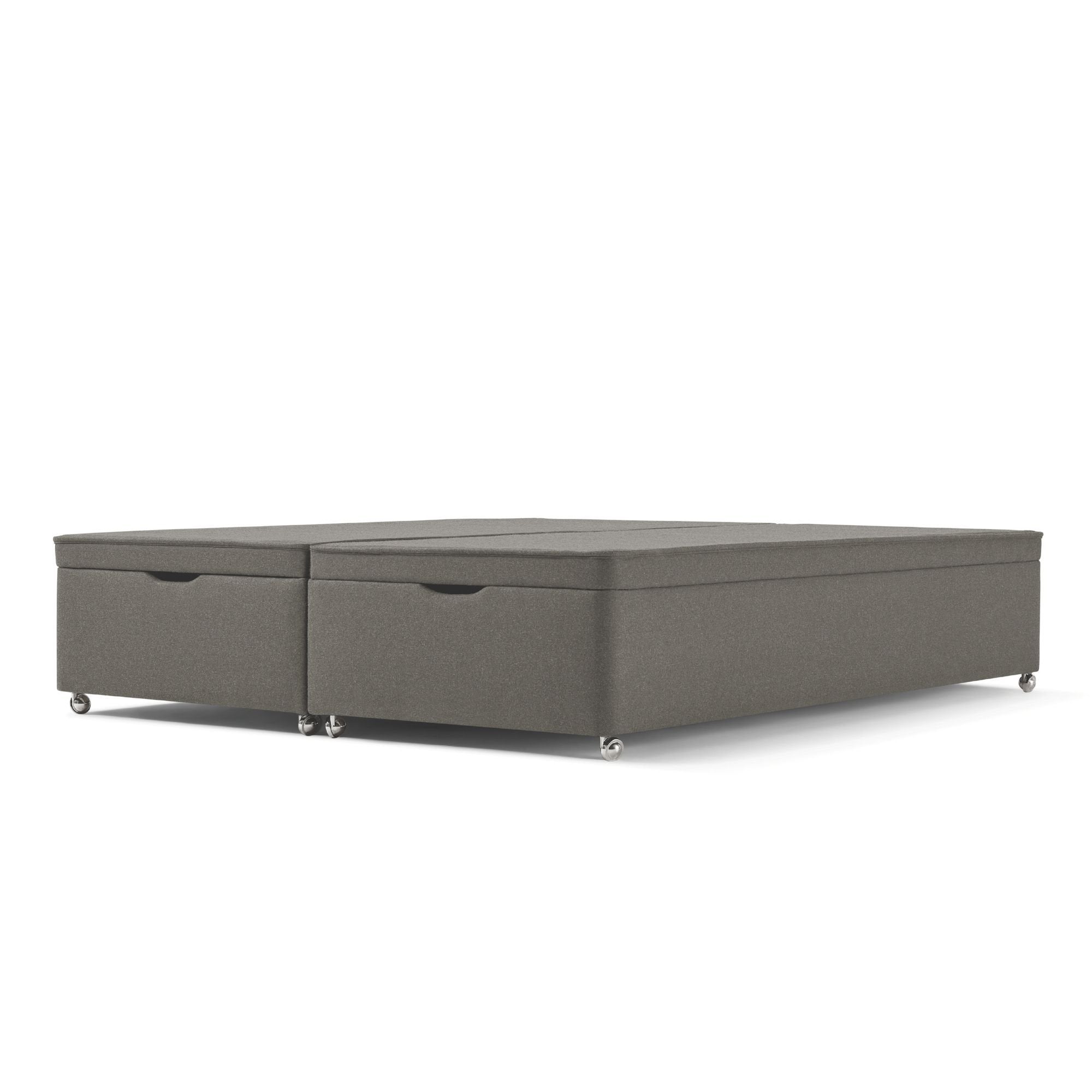 The Woolroom Kingston Upholstered Ottoman Divan with silver castors in dark grey upholstery offers extra storage.