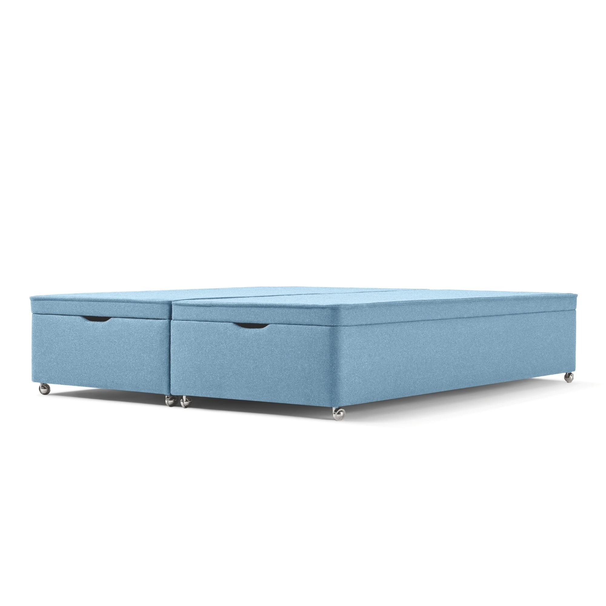 The Woolroom Kingston Upholstered Ottoman Divan with silver castors in Juniper light blue upholstery offers extra storage.