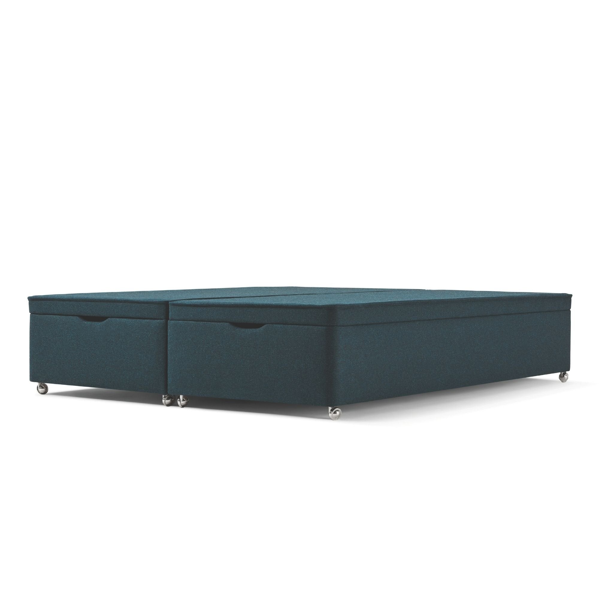 The Woolroom Kingston Upholstered Ottoman Divan with silver castors in Pine dark green upholstery offers extra storage.